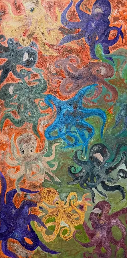Polpi viola, blu, grigi, gialli e rosa che si intrecciano su fondo arancione e verde